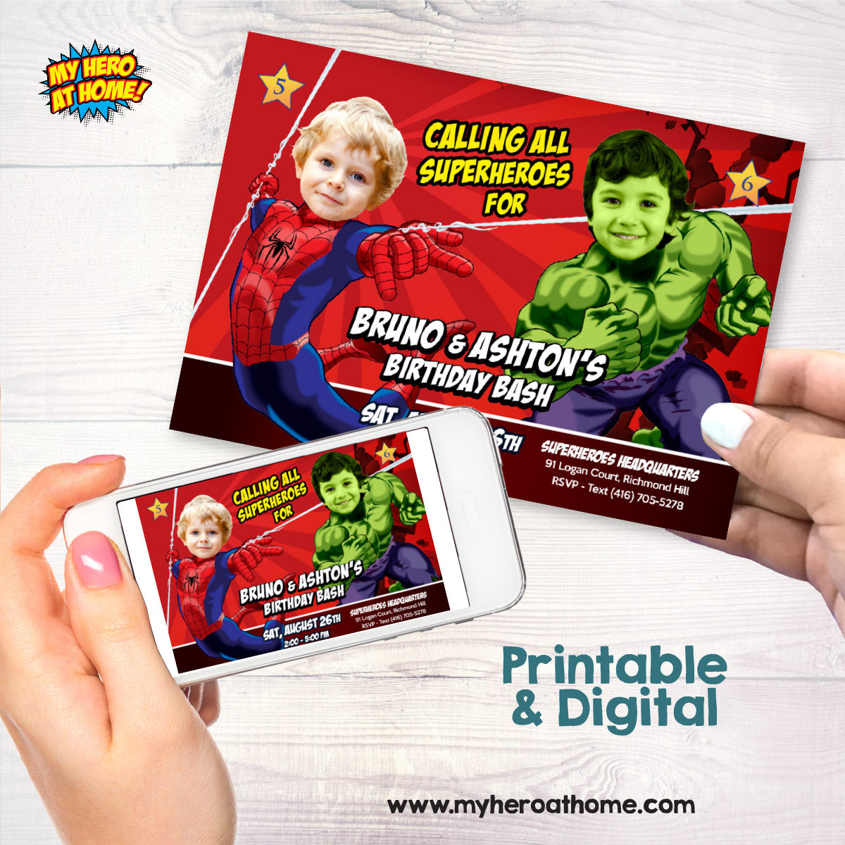 Personalized Spiderman and Hulk Birthday Invitation with children as their favorite Avengers. 438H