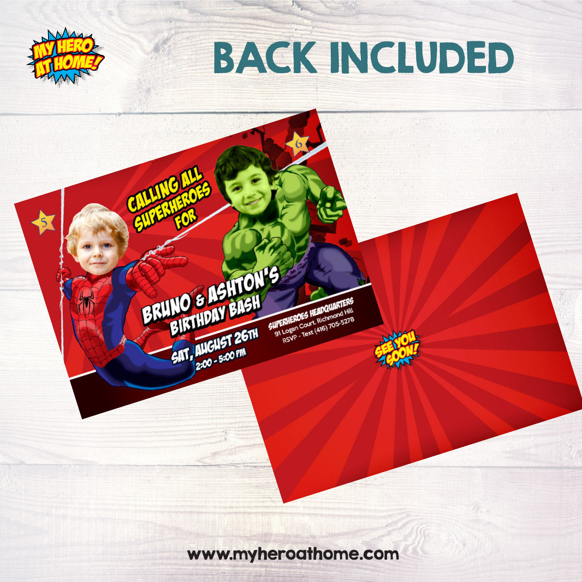 Personalized Spiderman and Hulk Birthday Invitation with children as their favorite Avengers. 438H