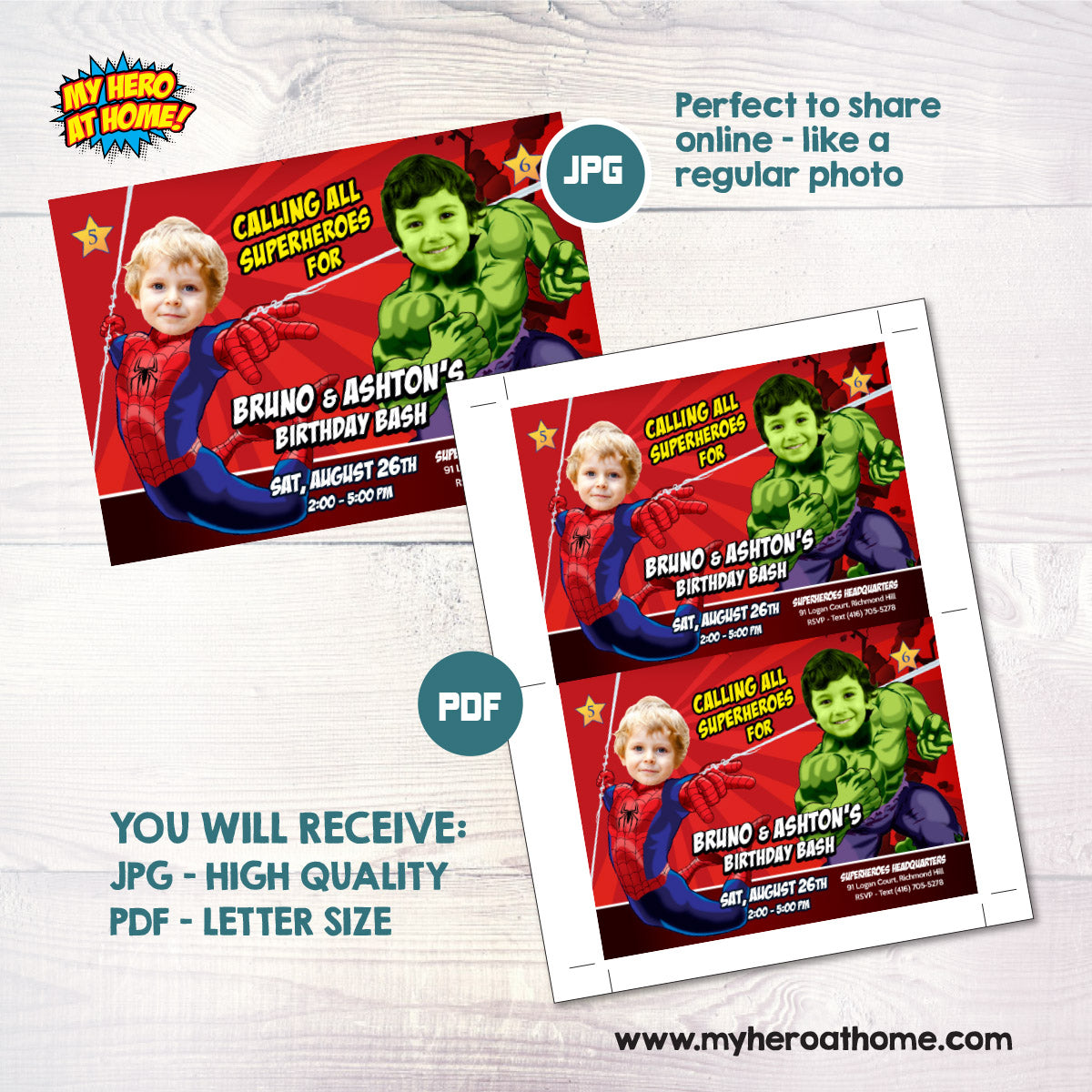 Personalized Spiderman and Hulk Birthday Invitation with children as their favorite Avengers. 438H