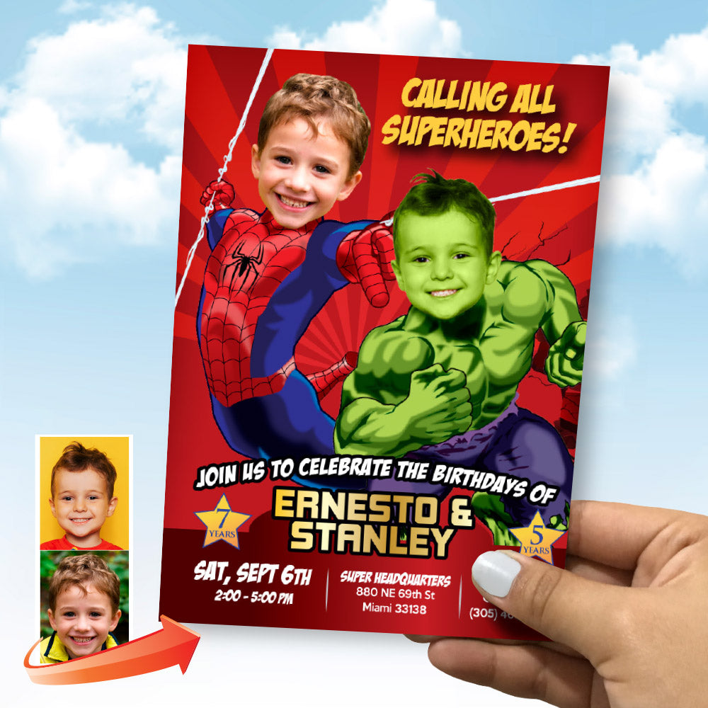 Customized Hulk and Spider-Man Birthday Invitation with children as their favorite superheroes. 438IN