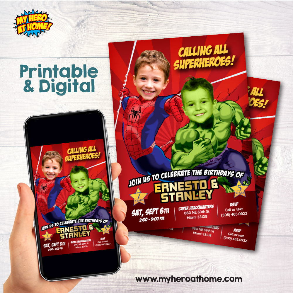 Customized Hulk and Spider-Man Birthday Invitation with children as their favorite superheroes. 438IN