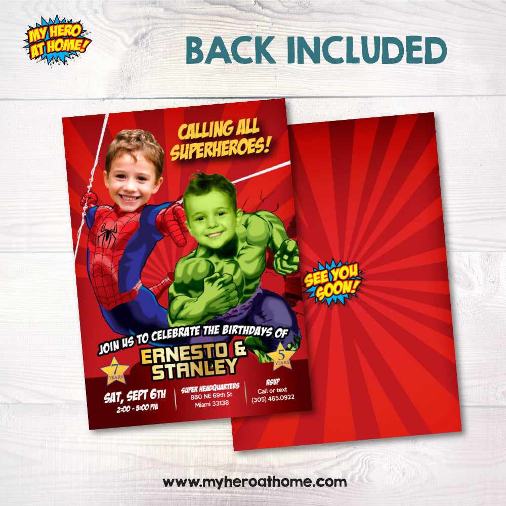 Customized Hulk and Spider-Man Birthday Invitation with children as their favorite superheroes. 438IN
