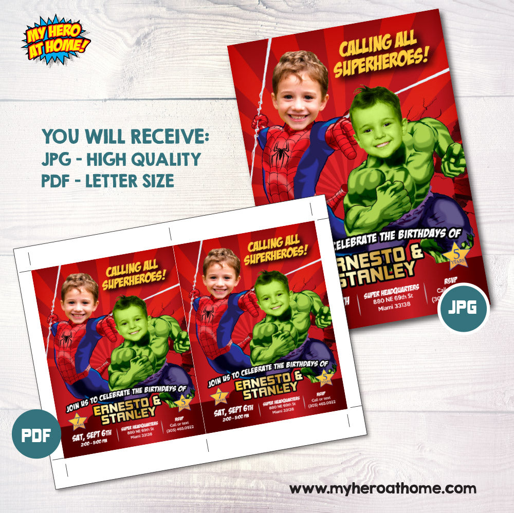 Customized Hulk and Spider-Man Birthday Invitation with children as their favorite superheroes. 438IN
