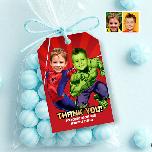 Joint Hulk and Spiderman thank you and Favor Tags with kid's photos (3 sizes). 438TY