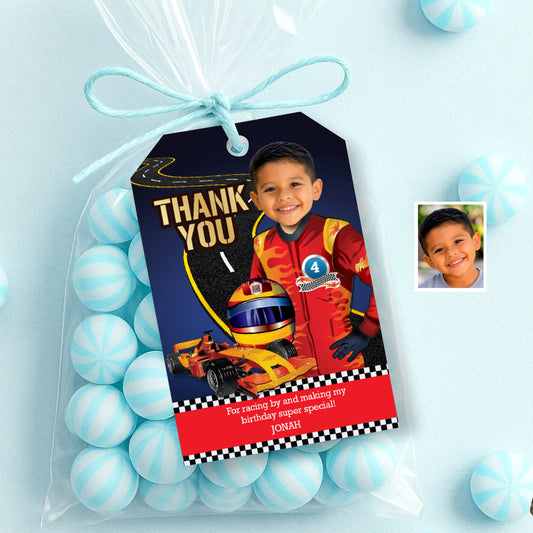 Thank You for Racing By Featuring Kid as the Driver, Race Car Hot wheels Favor Tags. 441TY