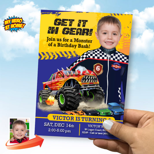 Monster Truck Photo Invitation with your kid as the star, Monster Truck Party template Invitation. 442