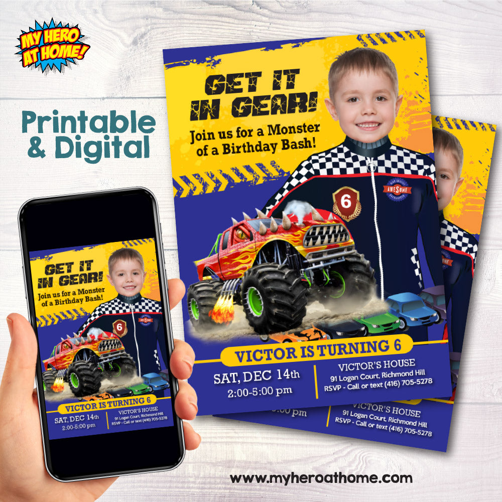 Monster Truck Photo Invitation with your kid as the star, Monster Truck Party template Invitation. 442