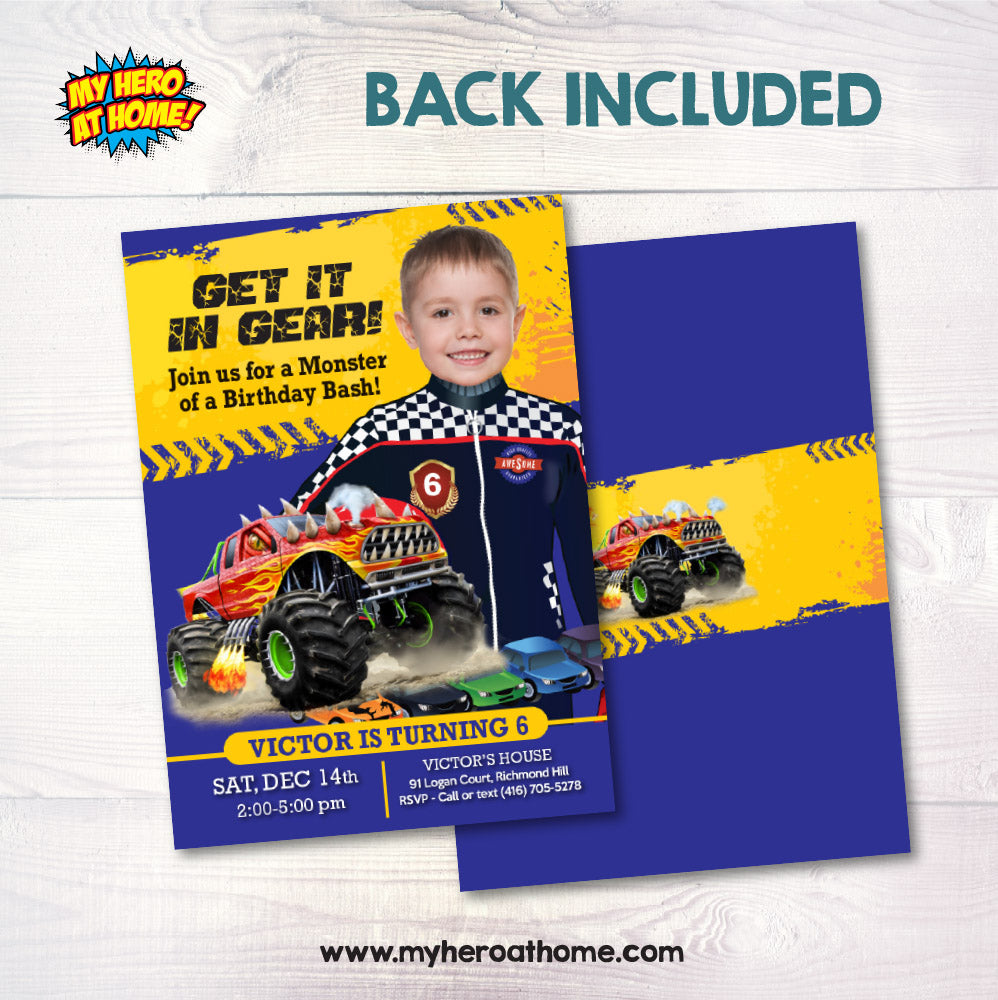 Monster Truck Photo Invitation with your kid as the star, Monster Truck Party template Invitation. 442