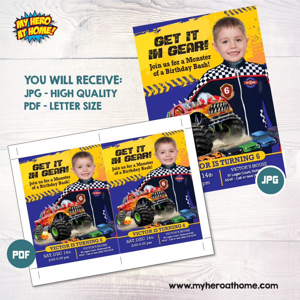 Monster Truck Photo Invitation with your kid as the star, Monster Truck Party template Invitation. 442