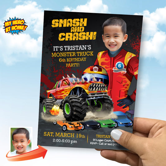 Smash and crash birthday party invitation with photo, Monster jam birthday Invite. 443