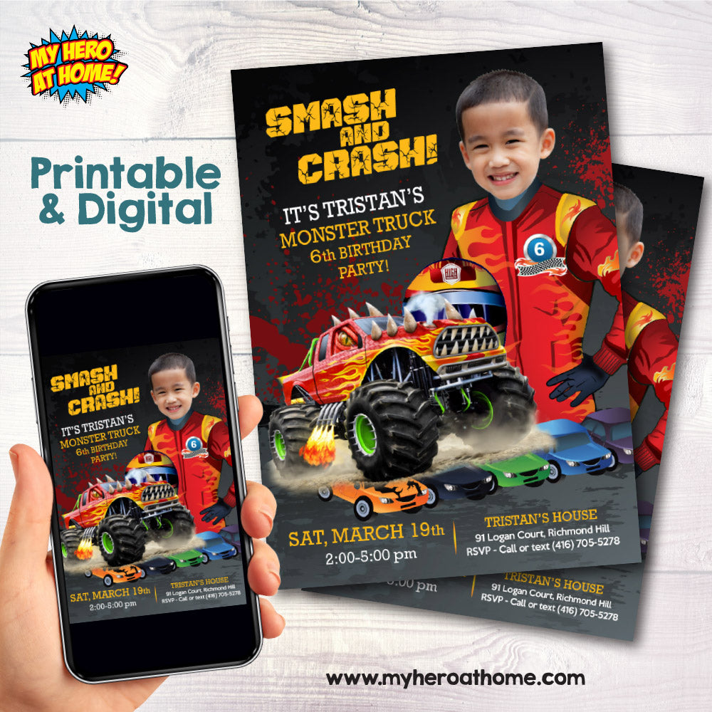 Smash and crash birthday party invitation with photo, Monster jam birthday Invite. 443
