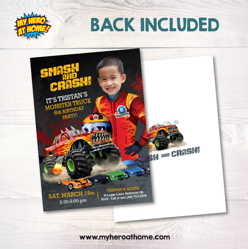 Smash and crash birthday party invitation with photo, Monster jam birthday Invite. 443