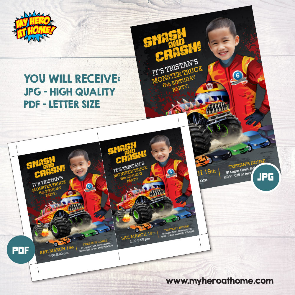 Smash and crash birthday party invitation with photo, Monster jam birthday Invite. 443