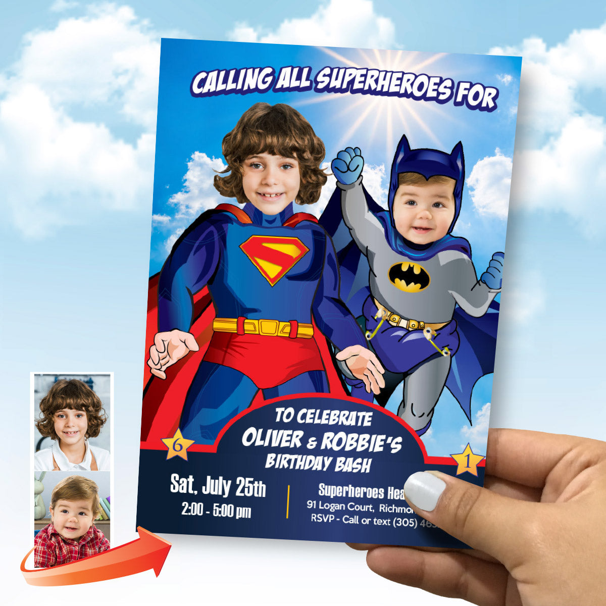 Superman and Baby Batman Birthday Invitation with kids as the stars. 445IN
