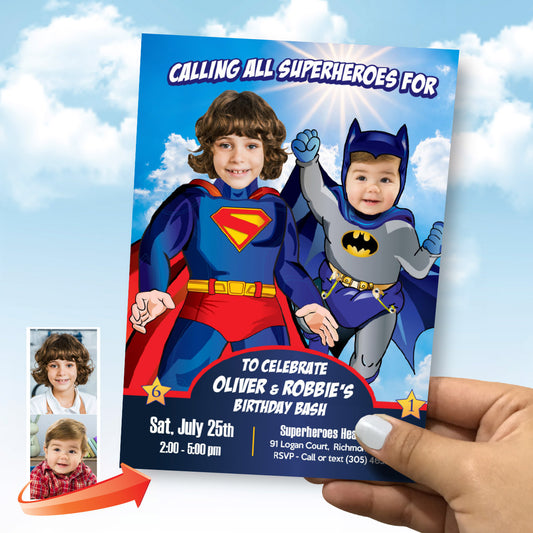 Superman and Baby Batman Birthday Invitation with kids as the stars. 445IN