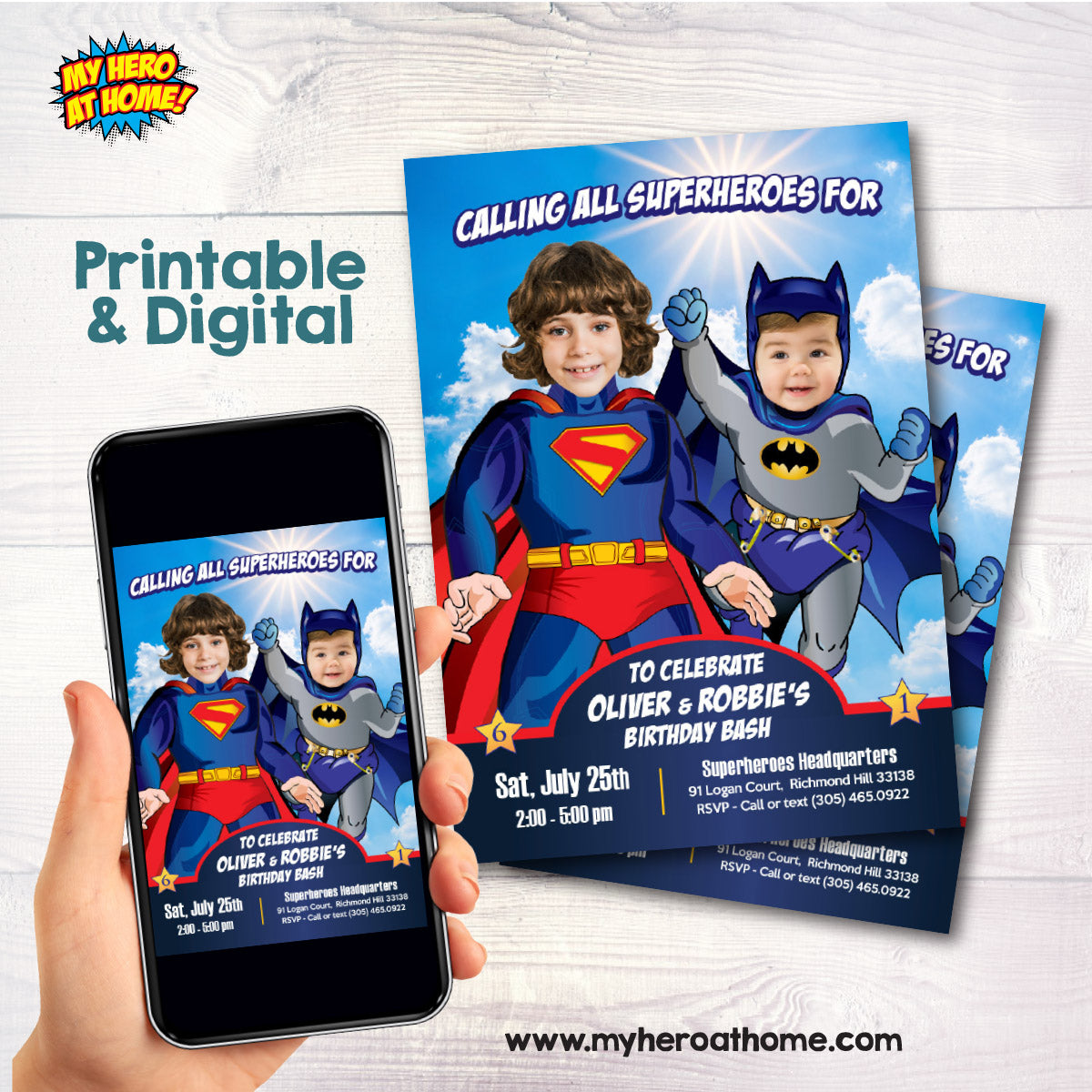 Superman and Baby Batman Birthday Invitation with kids as the stars. 445IN