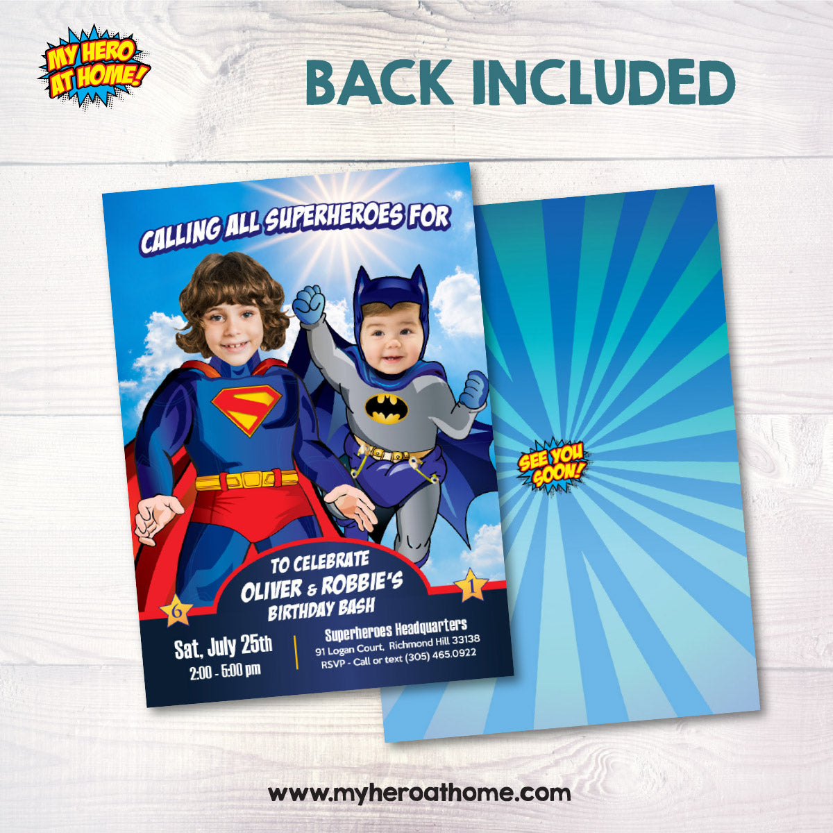 Superman and Baby Batman Birthday Invitation with kids as the stars. 445IN