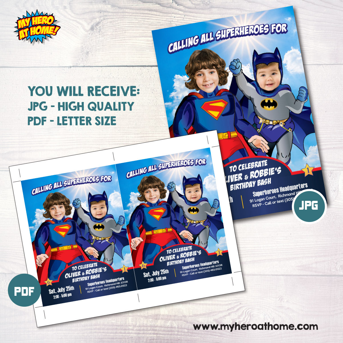 Superman and Baby Batman Birthday Invitation with kids as the stars. 445IN