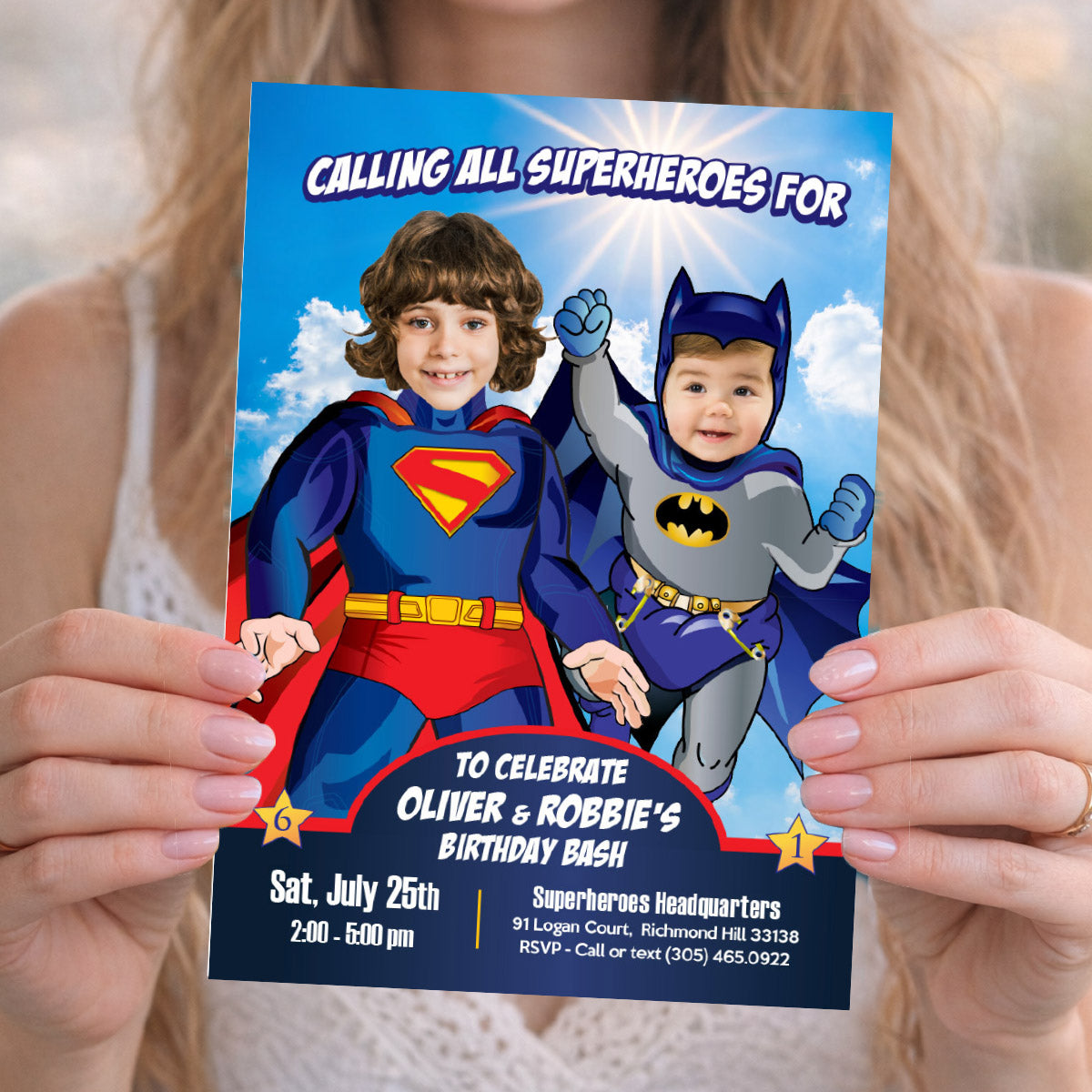 Superman and Baby Batman Birthday Invitation with kids as the stars. 445IN