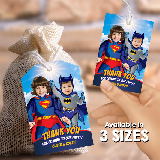 Siblings Baby Batman and Superman Favor Tags and Thank You with photos. 445TY