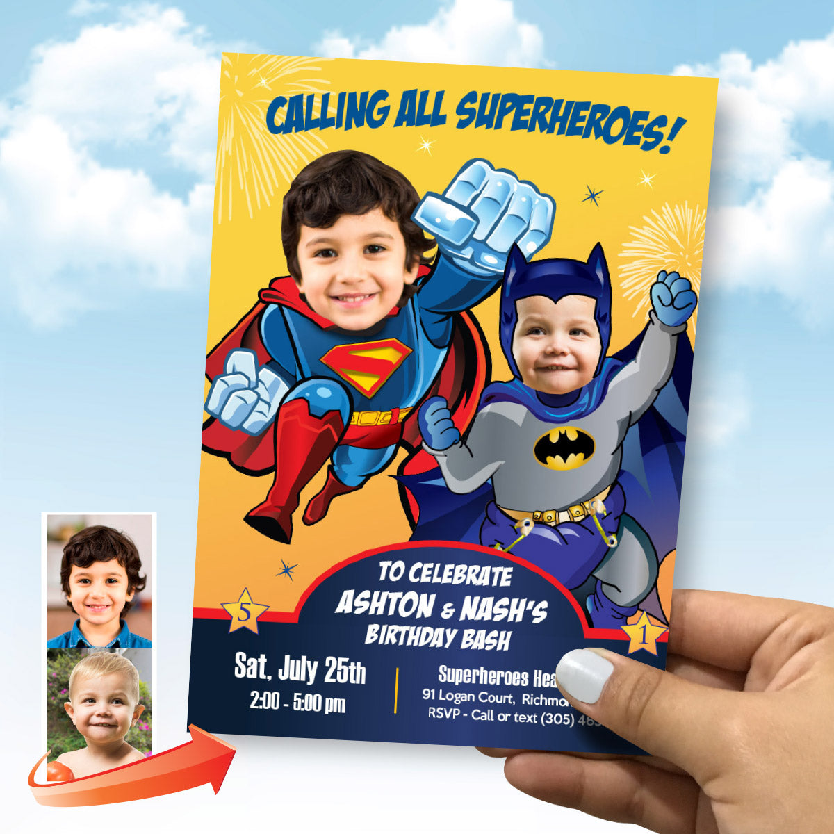 Siblings Superheroes Party Invitation with Birthday kids as Superman and Baby Batman. 446IN