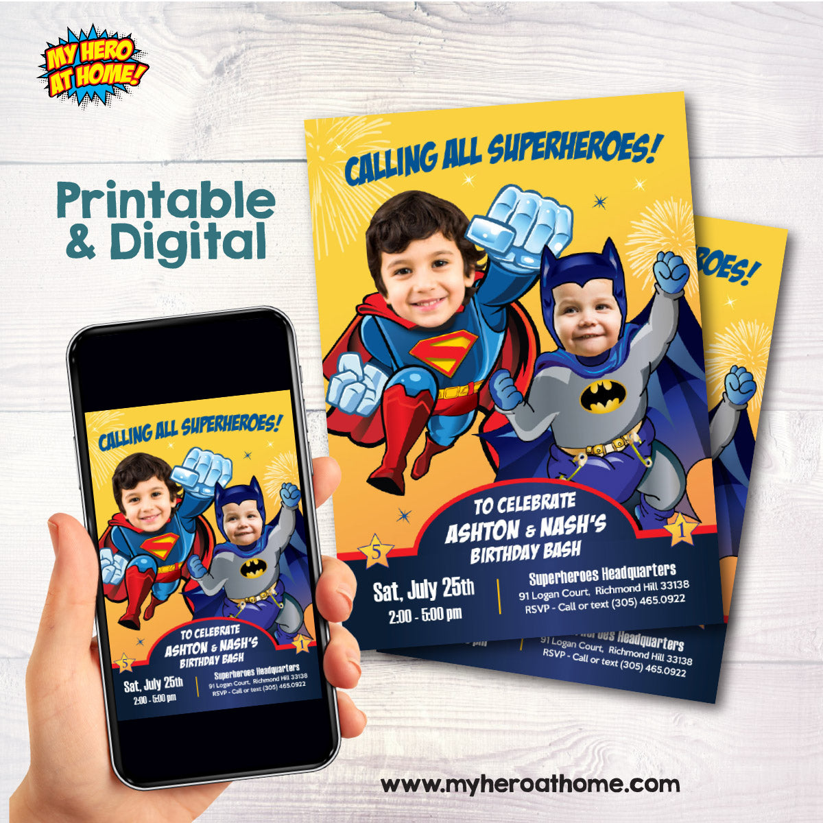 Siblings Superheroes Party Invitation with Birthday kids as Superman and Baby Batman. 446IN