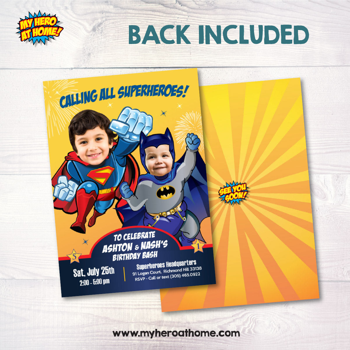 Siblings Superheroes Party Invitation with Birthday kids as Superman and Baby Batman. 446IN