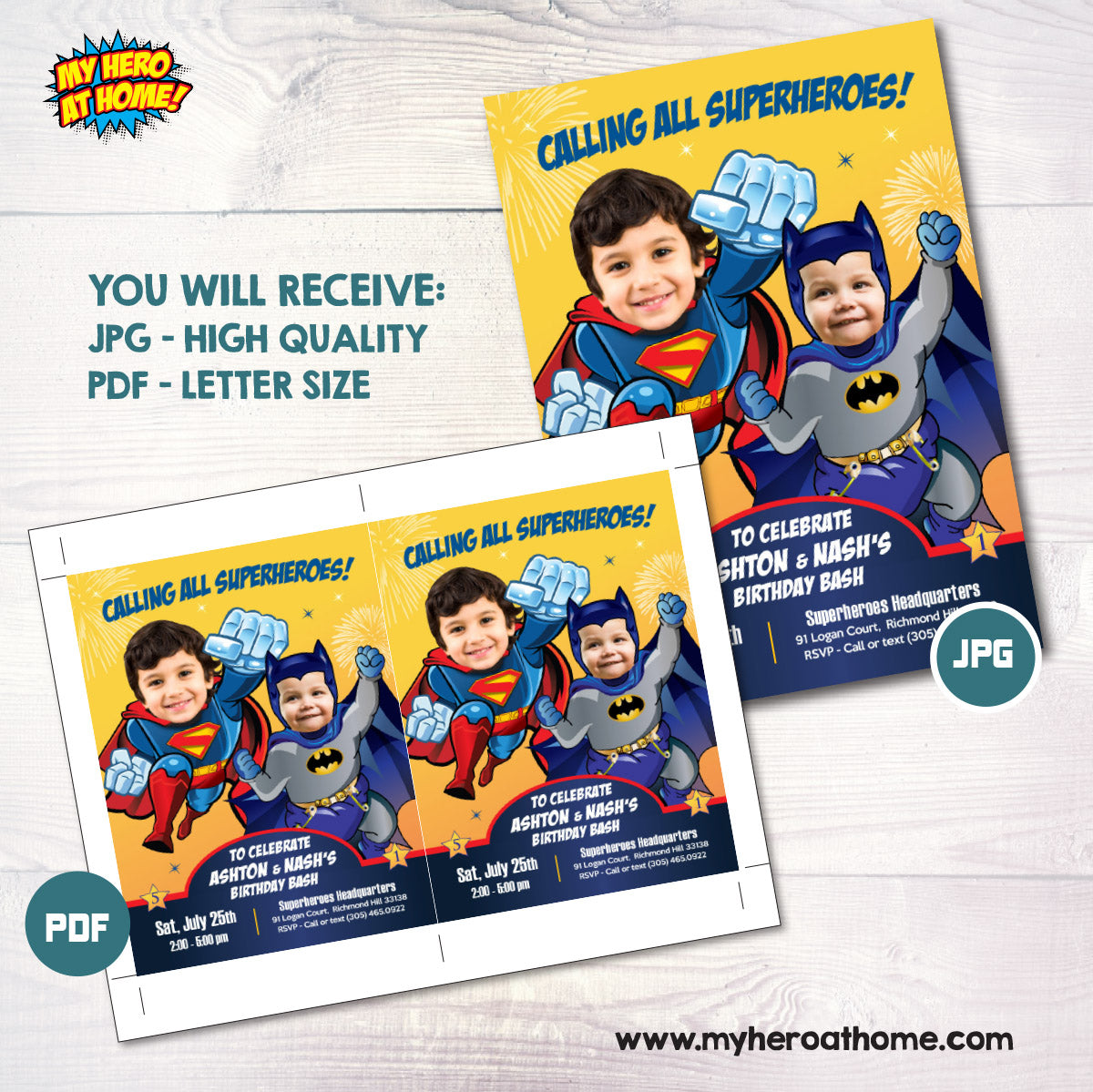 Siblings Superheroes Party Invitation with Birthday kids as Superman and Baby Batman. 446IN