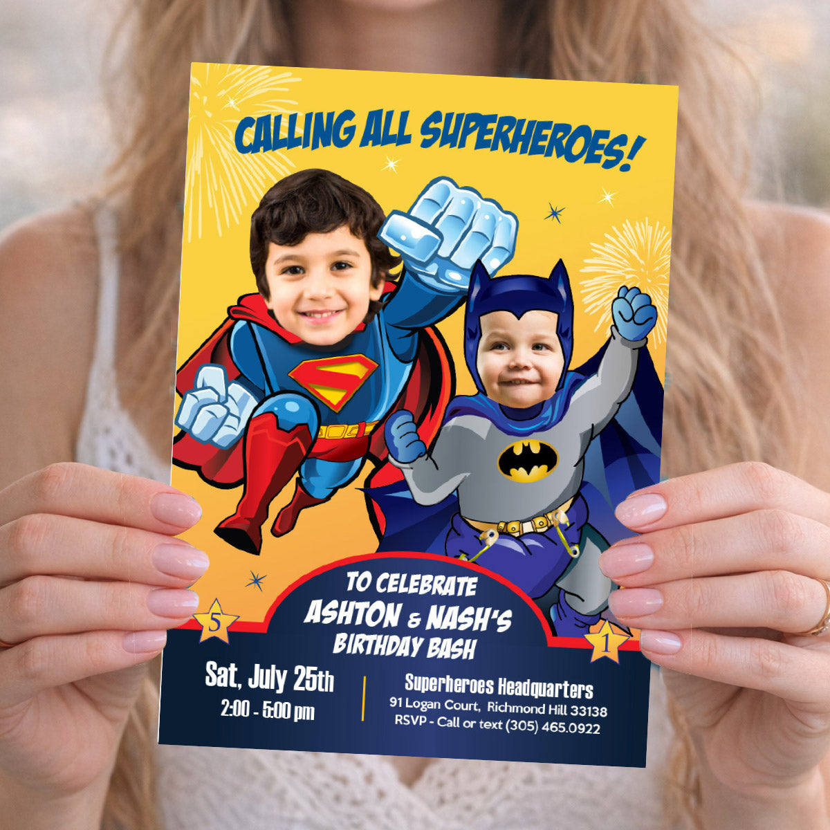 Siblings Superheroes Party Invitation with Birthday kids as Superman and Baby Batman. 446IN