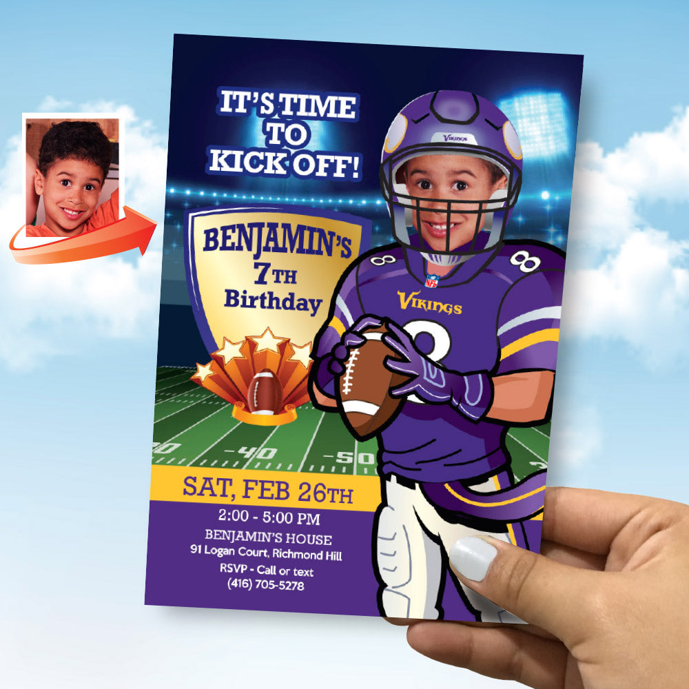Minnesota Vikings birthday party Invitation with your child as his favorite player, Minnesota Vikings kids theme Party. 448C