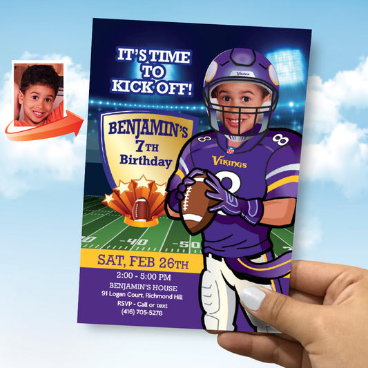 Minnesota Vikings birthday party Invitation with your child as his favorite player, Minnesota Vikings kids theme Party. 448C
