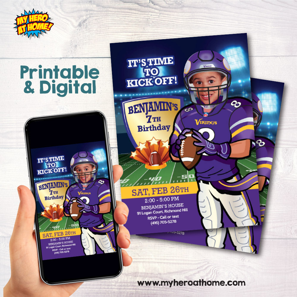 Minnesota Vikings birthday party Invitation with your child as his favorite player, Minnesota Vikings kids theme Party. 448C