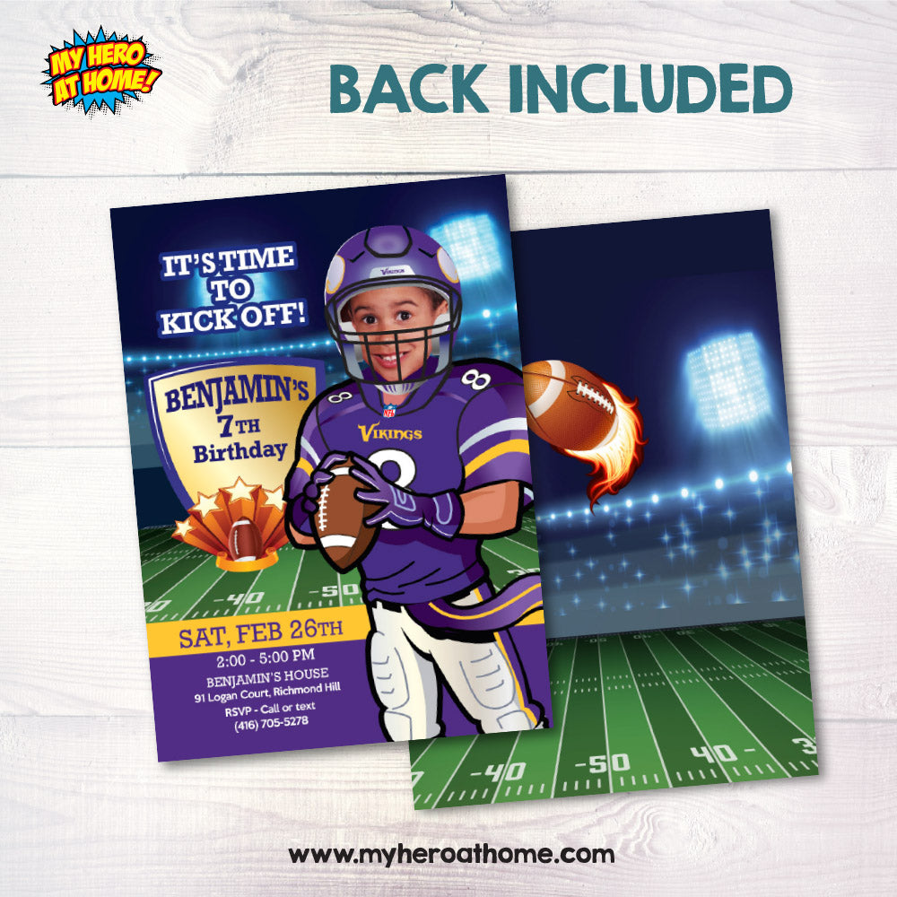 Minnesota Vikings birthday party Invitation with your child as his favorite player, Minnesota Vikings kids theme Party. 448C