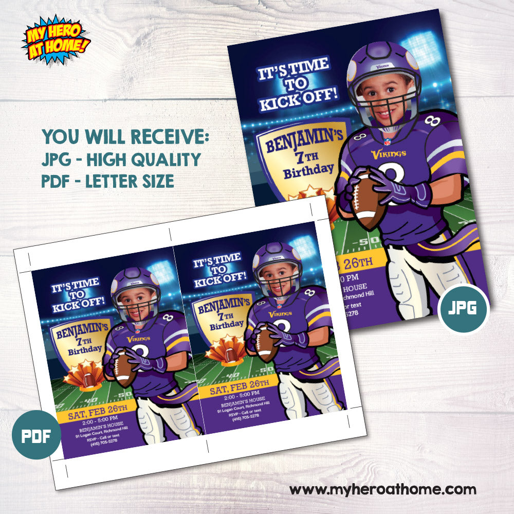 Minnesota Vikings birthday party Invitation with your child as his favorite player, Minnesota Vikings kids theme Party. 448C
