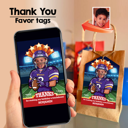 Minnesota Vikings thank you card with kid as player, Vikings favor tags with photo. 448TY