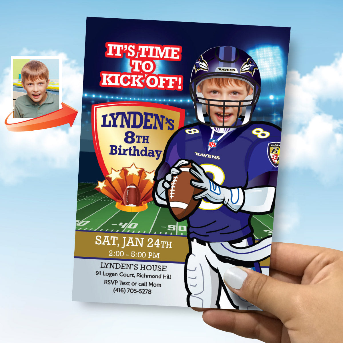 Ravens Birthday Party Invitation with photo, Baltimore Ravens Birthday template. 450SIN