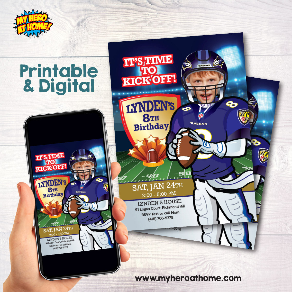 Ravens Birthday Party Invitation with photo, Baltimore Ravens Birthday template. 450SIN