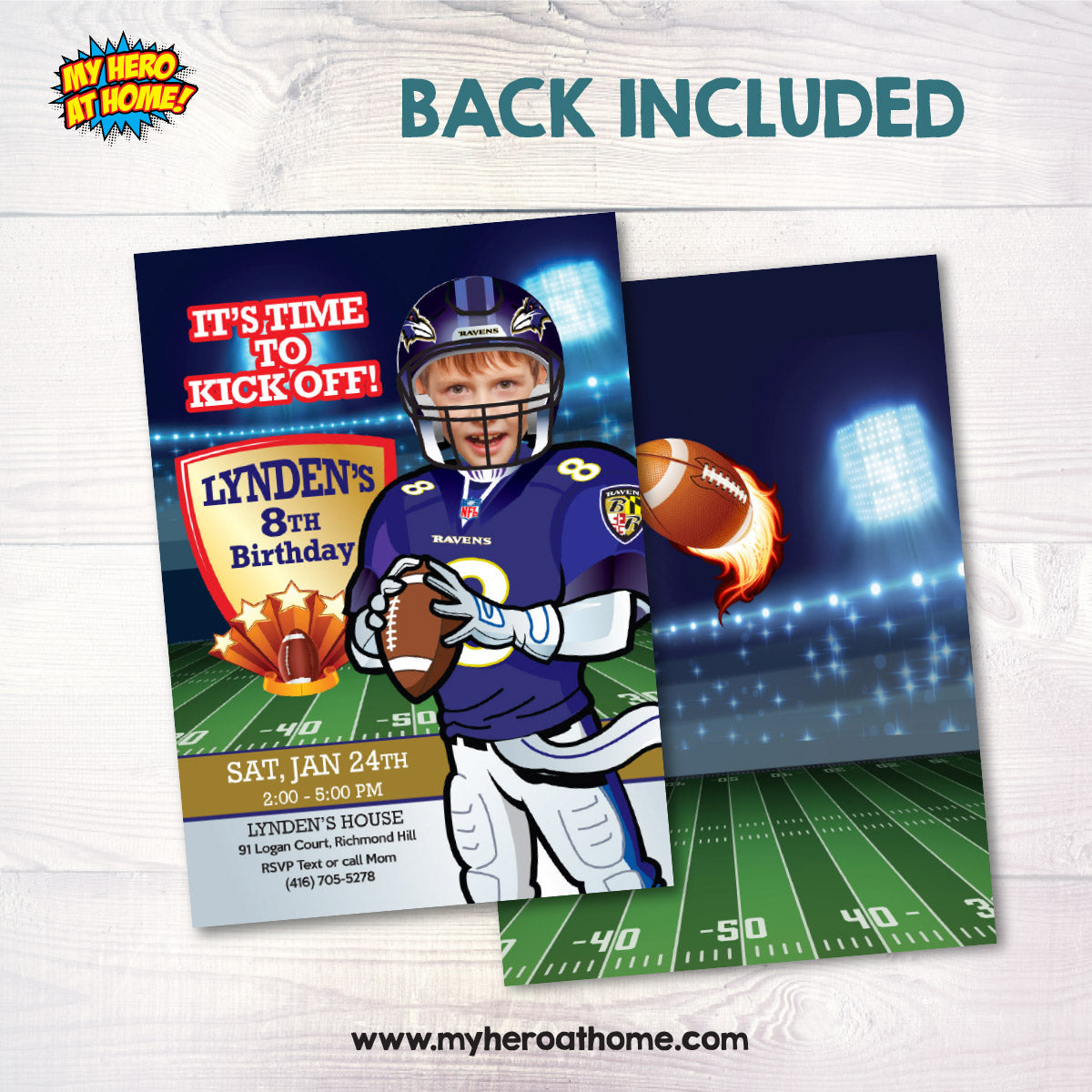 Ravens Birthday Party Invitation with photo, Baltimore Ravens Birthday template. 450SIN