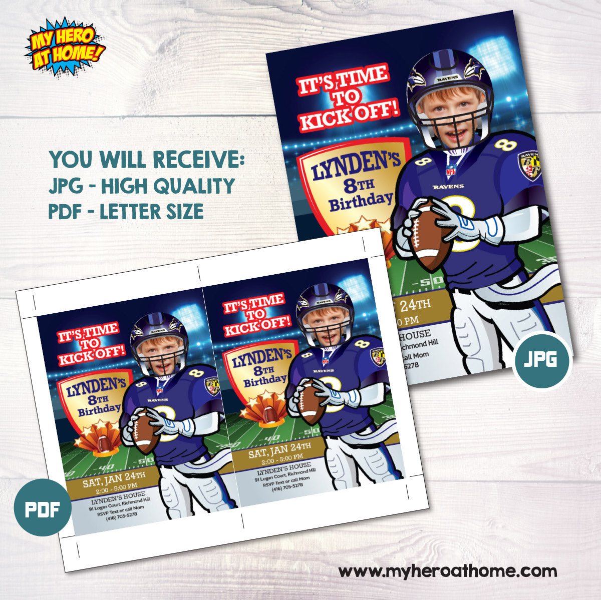 Ravens Birthday Party Invitation with photo, Baltimore Ravens Birthday template. 450SIN