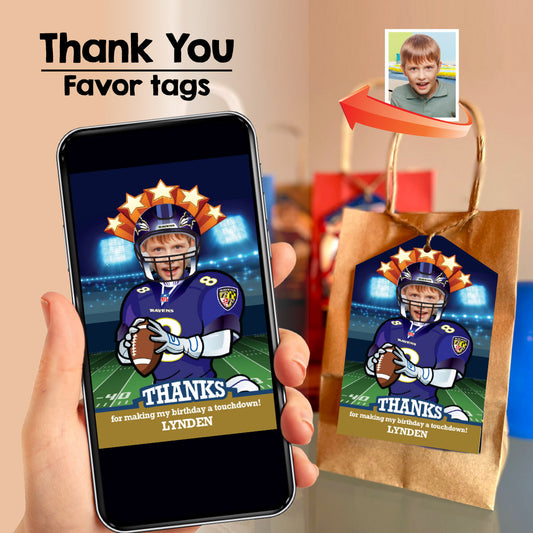 Custom Football Ravens Thank You with photo, Ravens party favors tags. 450STY