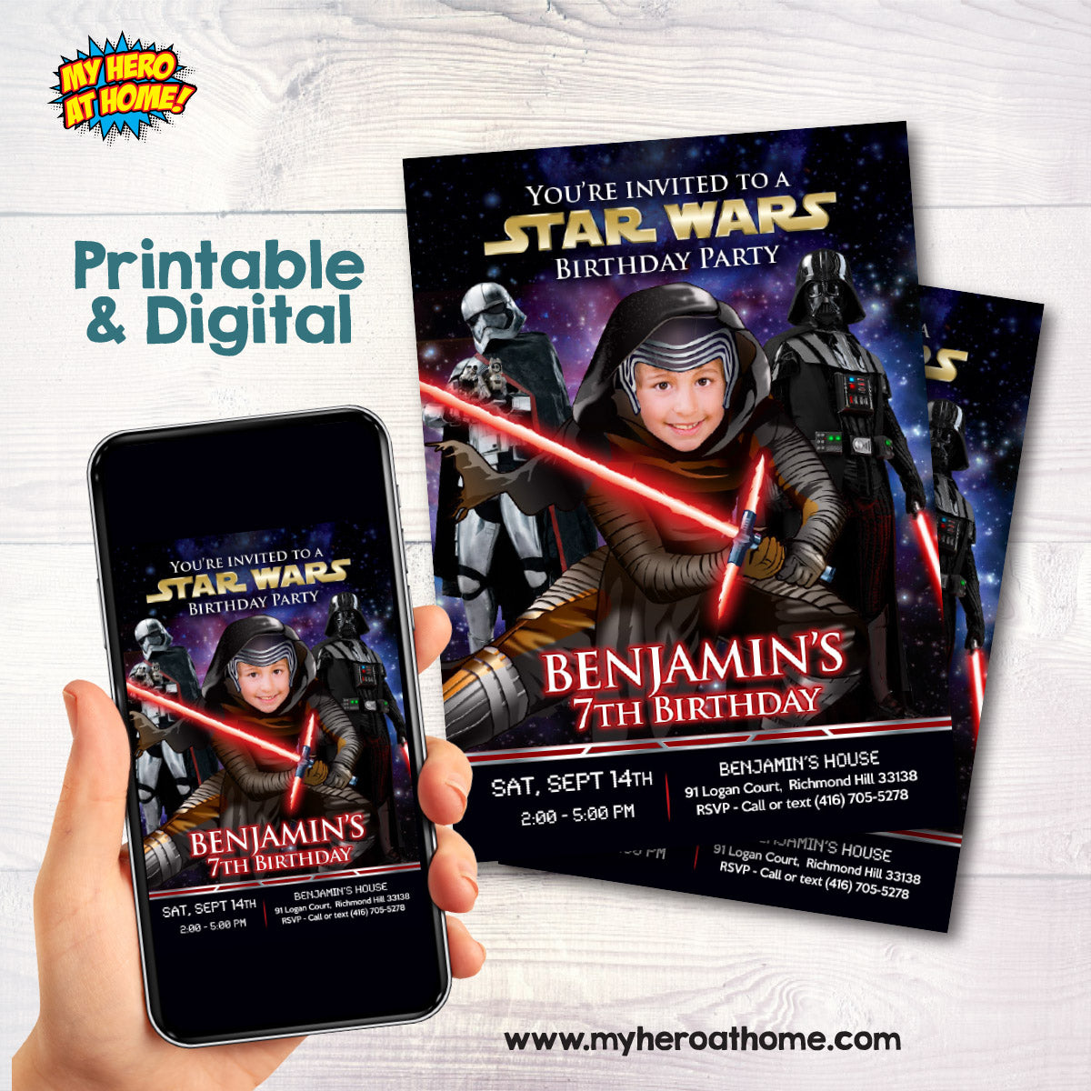 Custom Kylo Ren Birthday Party Invitation with Child as Kylo Ren. 457IN