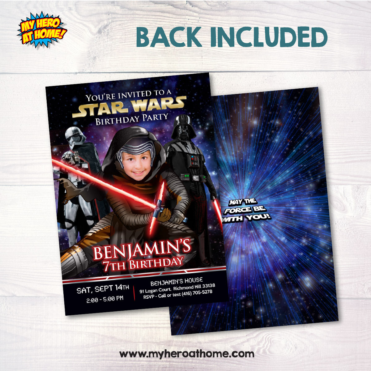 Custom Kylo Ren Birthday Party Invitation with Child as Kylo Ren. 457IN