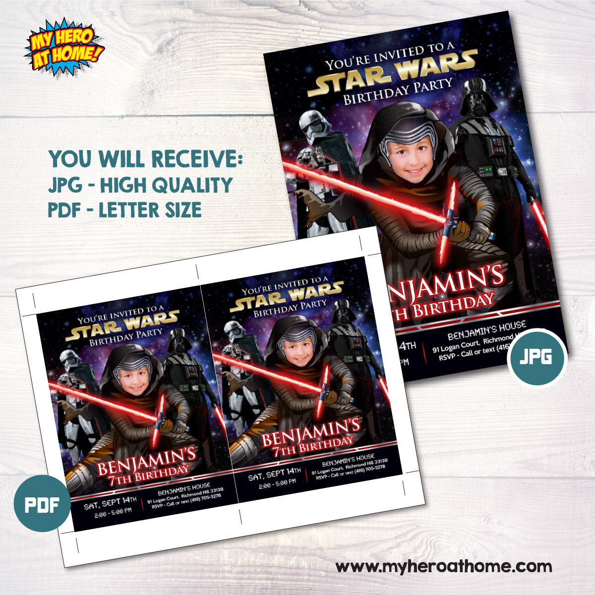 Custom Kylo Ren Birthday Party Invitation with Child as Kylo Ren. 457IN