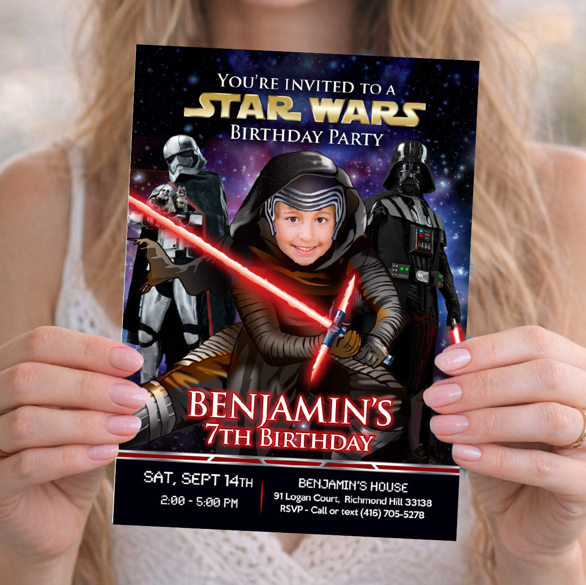 Custom Kylo Ren Birthday Party Invitation with Child as Kylo Ren. 457IN