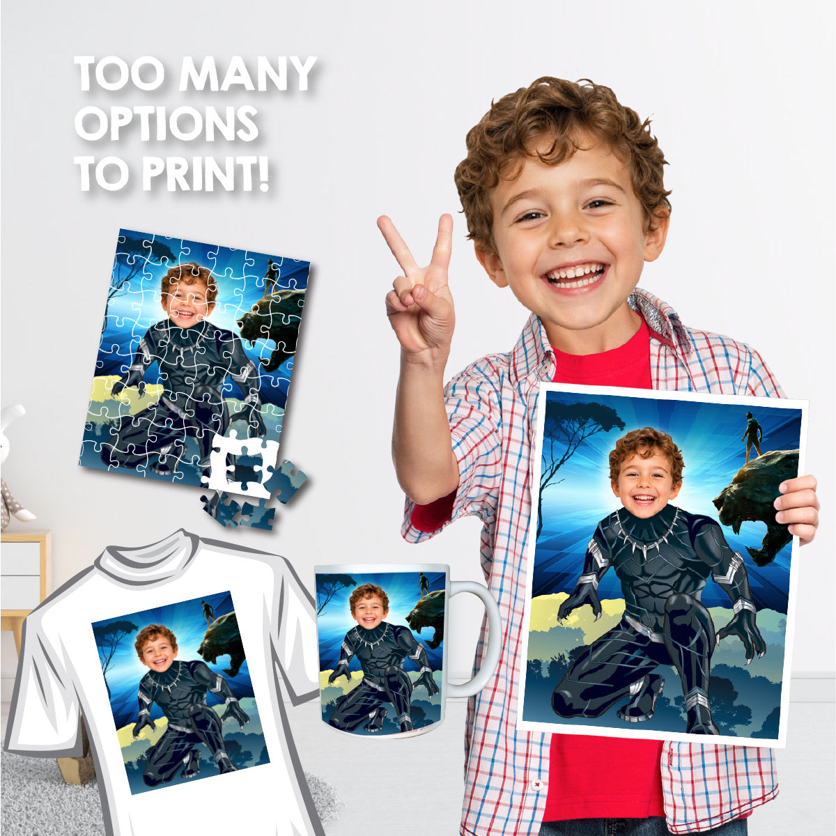 Personalized Black Panther Print Gifts Featuring Child as Favorite Superhero. 472