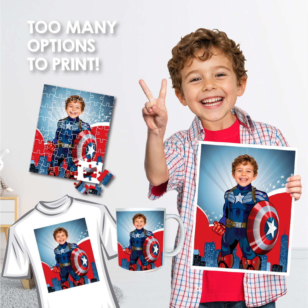 Personalized Captain America Print Featuring Child as his Favorite Superhero. 476