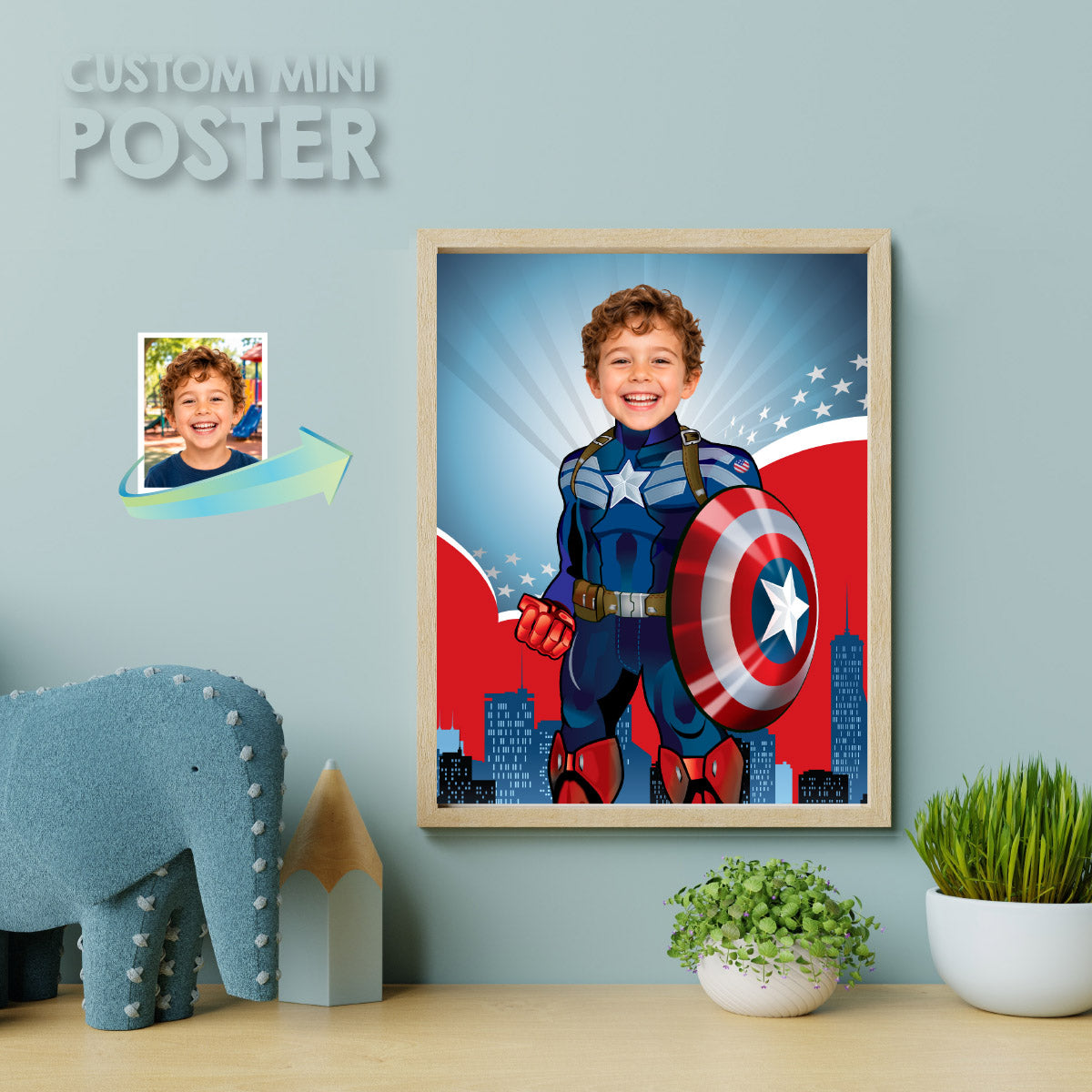 Personalized Captain America Print Featuring Child as his Favorite Superhero. 476