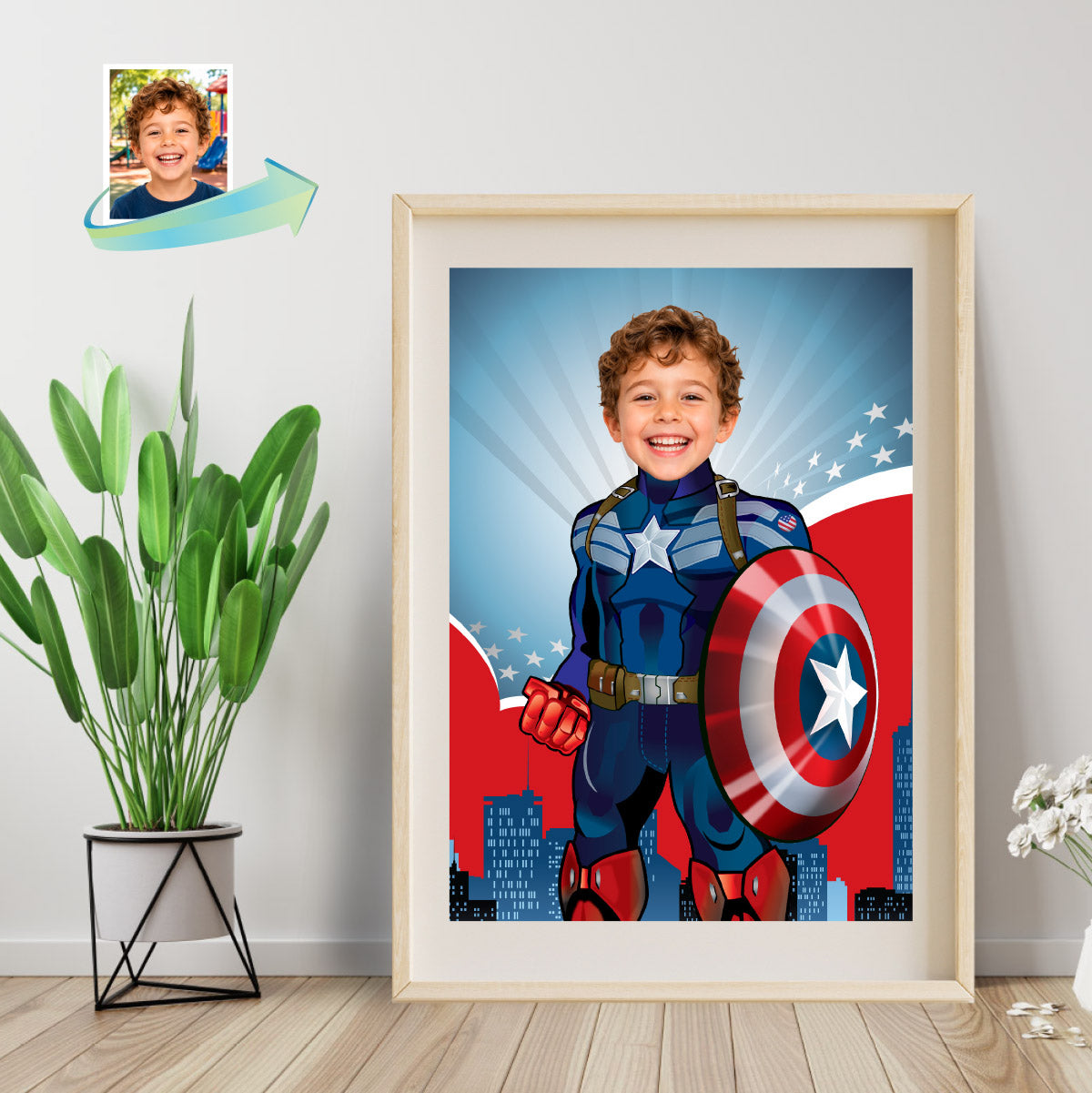 Personalized Captain America Print Featuring Child as his Favorite Superhero. 476
