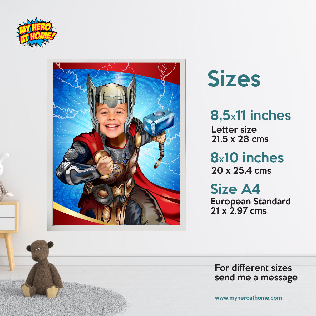 Personalized Thor Print Gift Featuring Child as Favorite Superhero, Kids Room Decor. 477