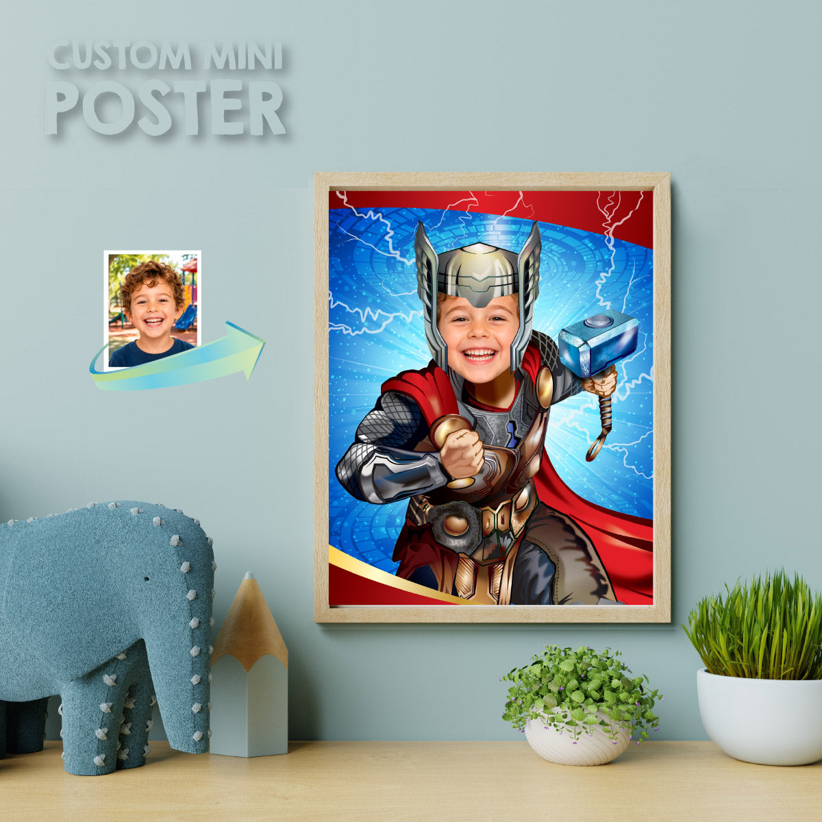 Personalized Thor Print Gift Featuring Child as Favorite Superhero, Kids Room Decor. 477